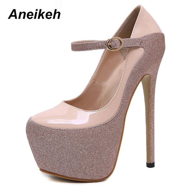 

aneikeh 2021 spring fashion women mary janes platform pumps round head 16cm thin high heel shoe super heels dress party shoes, Black