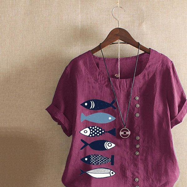 

casual plus size women shirts o neck printed loose button tunic woman, White