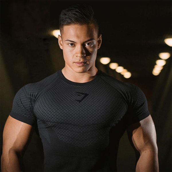 

gym summer sports short sleeve men's elastic round neck quick drying tights sweat wicking casual running fitness t-shirt, White;black