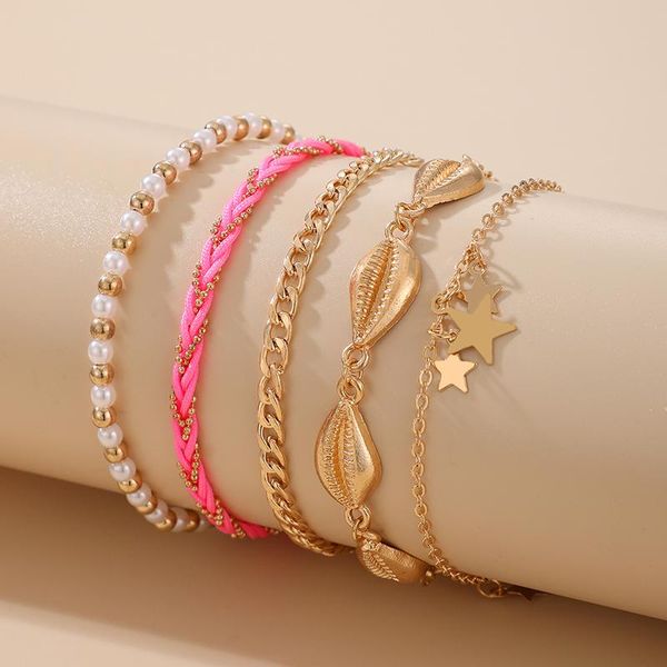 

anklets 5pcs/set gold color shell star anklet set for women charms handmade white beaded foot chain female beach jewelry 10223, Red;blue