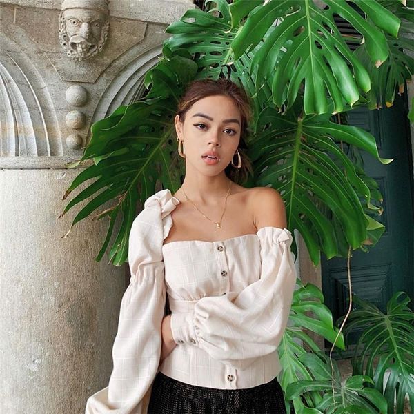 

women's blouses & shirts women ruffled off shoulder plaid blouse square collar lantern sleeve female shirt casual party button slim top, White