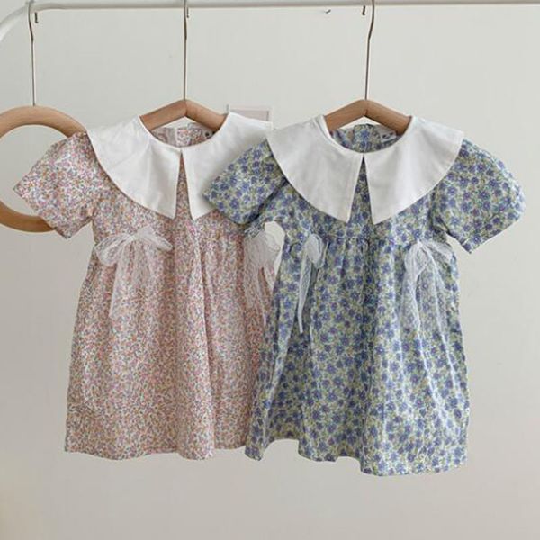 

short sleeve floral bowknot es summer baby girl princess clothing kids girls dress, Blue