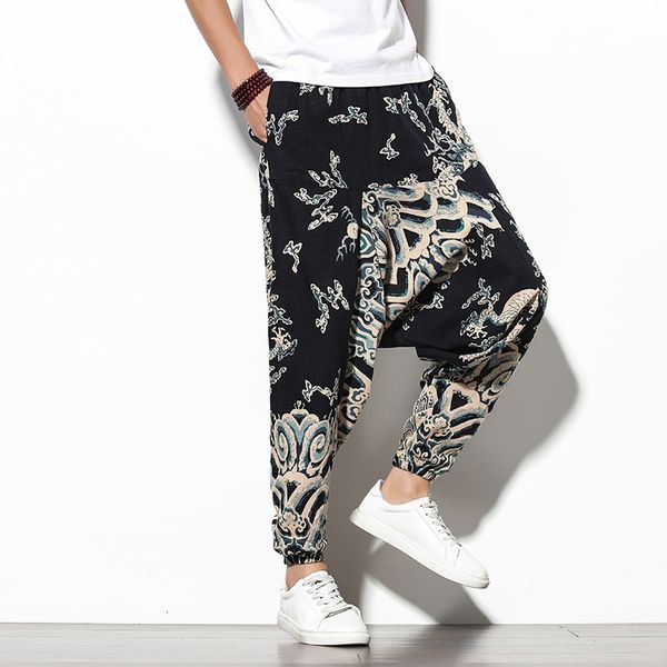 

men's pants baggy cotton linen harem men hip hop women printed wide leg trousers casual vintage long pantalones hombre hpcg, Black