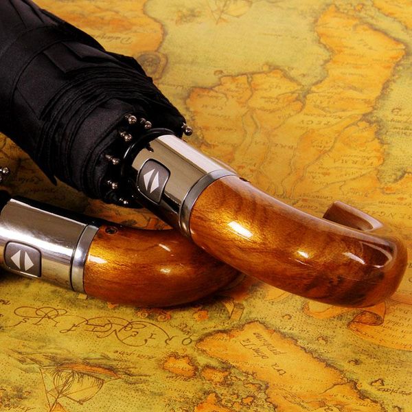 

umbrellas men's hook fully automatic umbrella parasol 10 bones strong waterproof folding clear black sun wood handle gift sy221