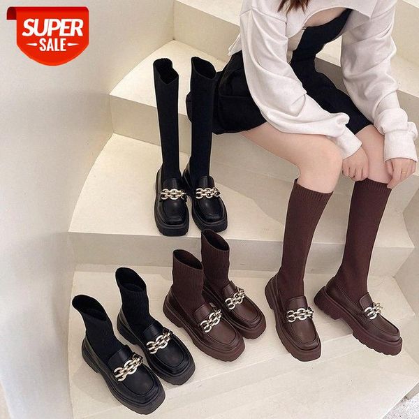 

socks and boots women's new year autumn winter net red korean version thick heel fashion versatile british style retro elastic thin #zv, Black