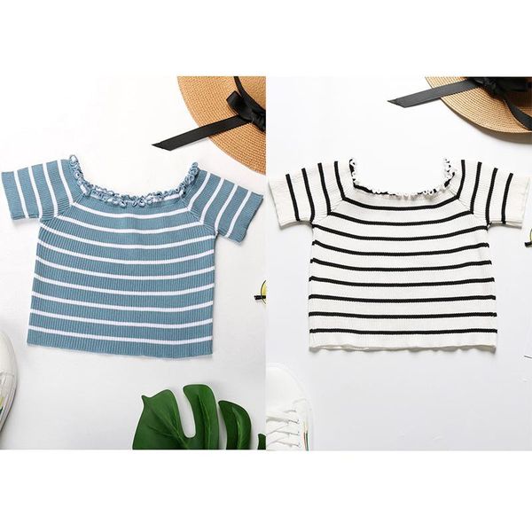 

women's short sleeve off shoulder striped t-shirt knitted with ear edge, White