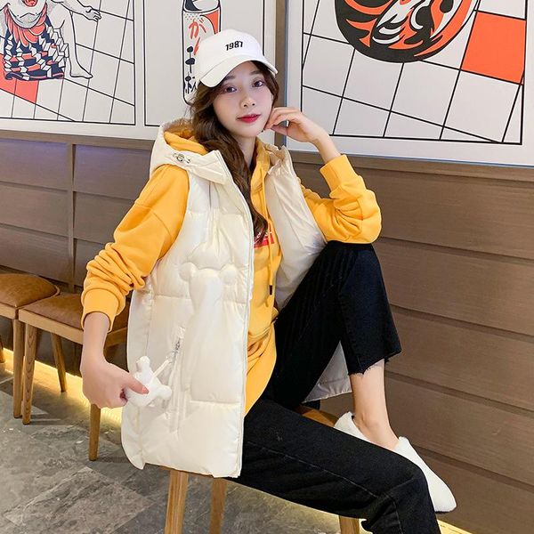 

women's vests 2021 winter white vest coat women pink black blue hooded warm fashion loose glossy short down cotton jacket, Black;white