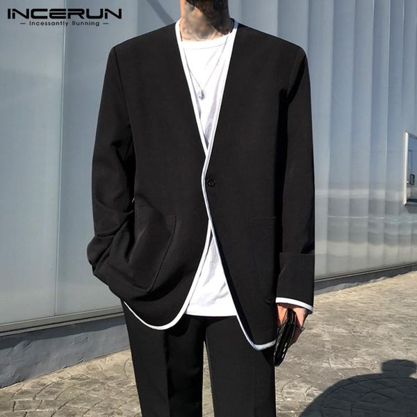 

fashion men casual shirt streetwear v neck patchwork korean style long sleeve pockets camisas 2021 mens shirts incerun men's, White;black