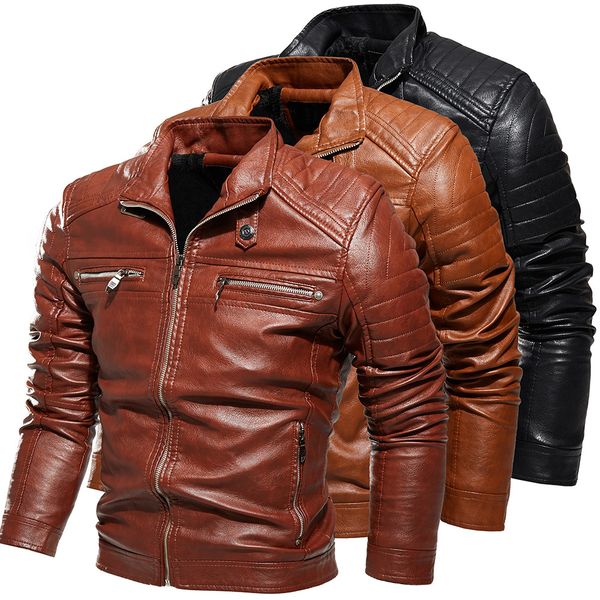 

men's et 2021 leather pu motorcycle solid color slim fit psh men, Black