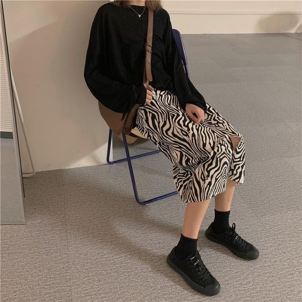 

skirts goohojio 2021 zebra print high waist long skirt autumn a line elegant woman fashion casual vintage urban women's, Black