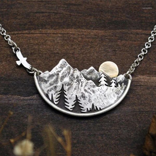 Anhänger Halsketten Abenteuer erwartet Berglandschaft Halskette Gold Sonne fliegender Vogel und Kiefernbäume für Frauen Modeschmuck