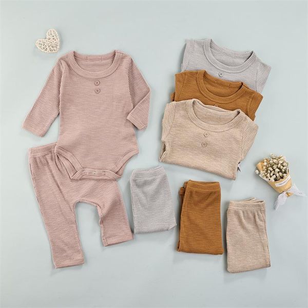 

clothing sets 2pcs born ribbed outfits toddler baby boys girls solid color long sleeve round neck romper pants set spring fall, White