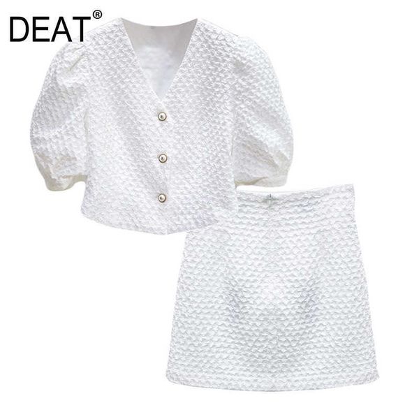 

[deat] summer fashion single-breasted v-neck short sleeve shirt high waist skirts women two-piece suit 13c838 210527, White