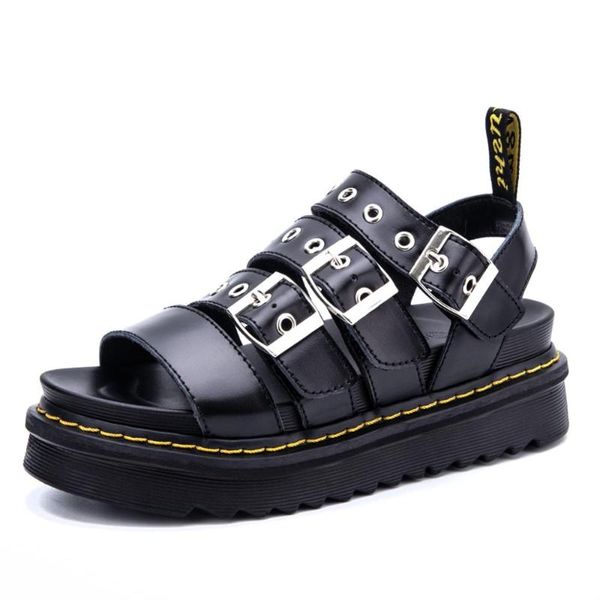 

thick bottom roman sandals women's black leather with skirt star high buckle summer