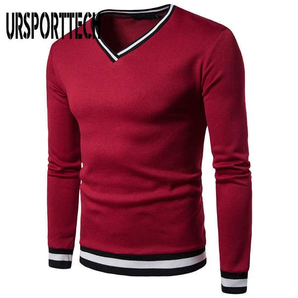 URSPORTTECH T-shirt da uomo Big Size Manica lunga con scollo a V Solido Sexy T-shirt a maniche lunghe da uomo Camicie casual per uomo Patchwork Top Tees 210528