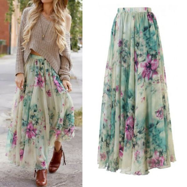 Moda Chiffon Boho Womens Floral Imprimir Long Maxi Saia Senhoras Feriado Verão Sol Saias Faldas de Mujer XXL 4XL 6XL