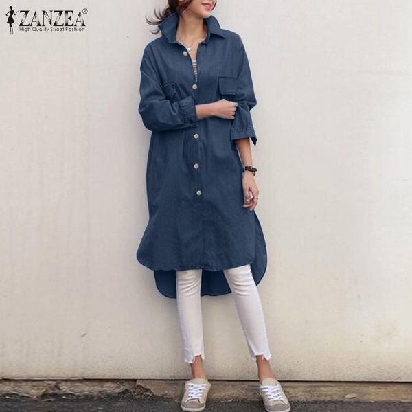 

women's blouses & shirts zanzea long sleeve solid 2021 women fashion lapel denim baggy work ol chemise tunic female oversived mujer blu, White