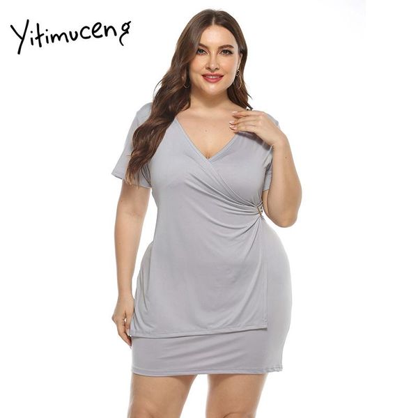 

plus size dresses yitimuceng women elegant v-neck pure color party red mini pencil dress summer 2021 large 2xl 3xl 4xl 5xl