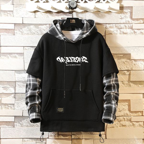 

hooded 2021 autumn plaid splicing fake two-piece large casual men's sweater, Black