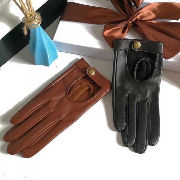

Five Fingers Gloves 2021 Half Palm Glove Rivet Pins Street Fashion Driving Genuine Real Goat Leather Women Short Mittens, Blue;gray