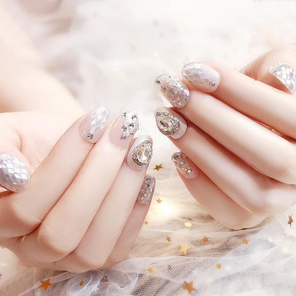

24pcs glitter diamond flower false nails finished short design full cover nail tips press on artificial fake nails1, Red;gold