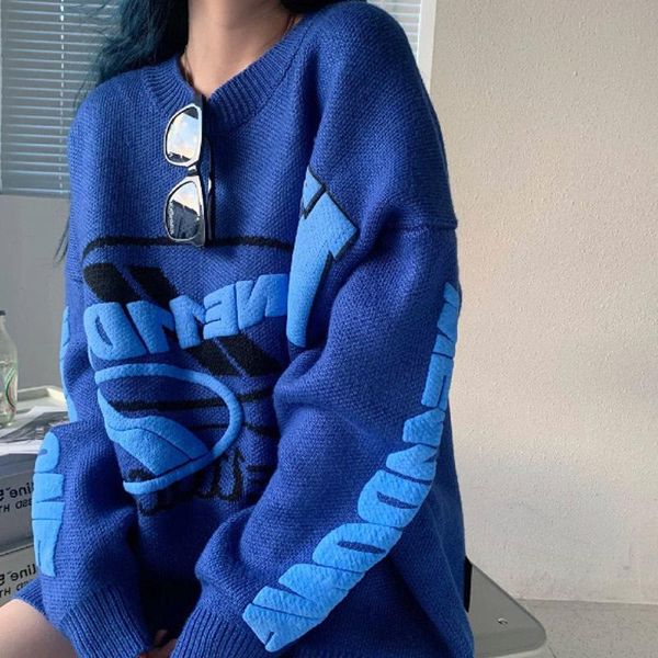 

women's sweaters heavy industry letter embroidery sweater autumn winter vintage oversize knit loose casual pullover streetwear, White;black