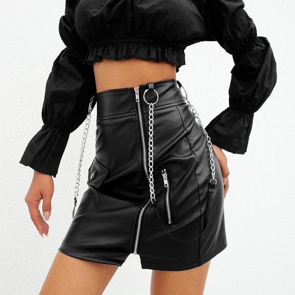

skirts 2021 women's fashion irregular zipper strap skirt pu leather tool, Black