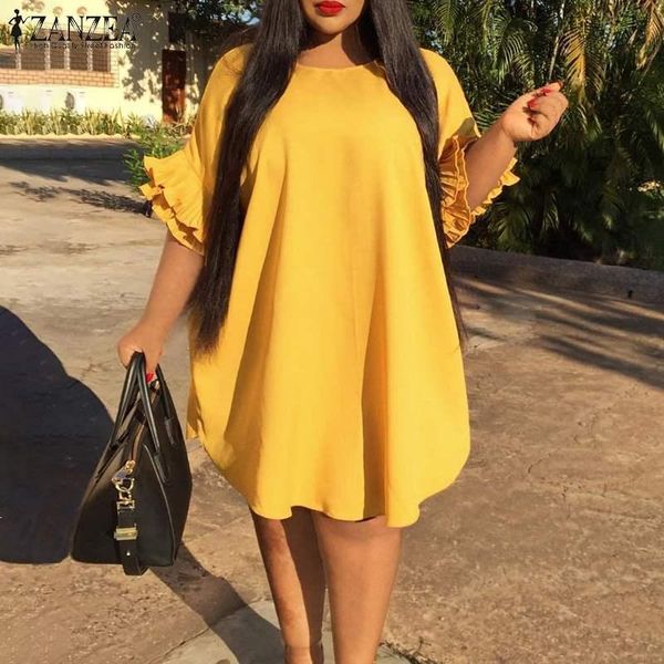 

casual dresses solid flare sleeve robe women elegant ruffle vestido 2022 fashion baggy oversize summer knee dress, Black;gray
