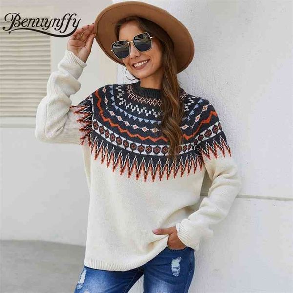 

vintage ethnic print women sweater pullover autumn winter korean fashion warm female o-neck knitted jumper 210510, White;black