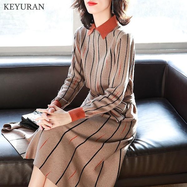 

casual dresses 2021 autumn winter women knitted pullover striped sweater dress ladies elegant office party mid a-line vestidos, Black;gray