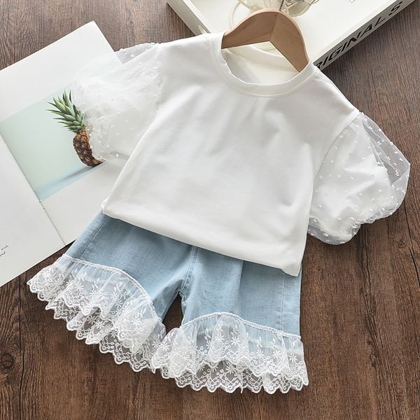 

new good quality factory price fashion selling childrens puff sleeve t-shirt lace shorts two-piece suit, White