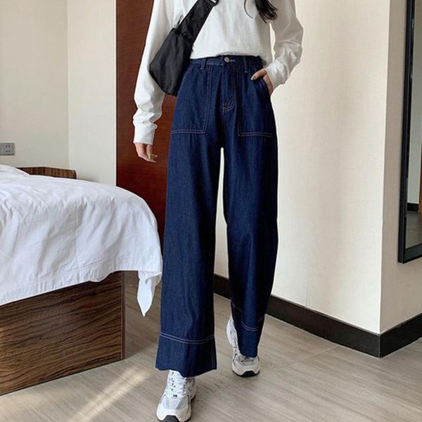 

women's jeans woman high waist clothes fashion blue big pocket wide leg loose trouser streetwear 2021 female harajuku straight pants