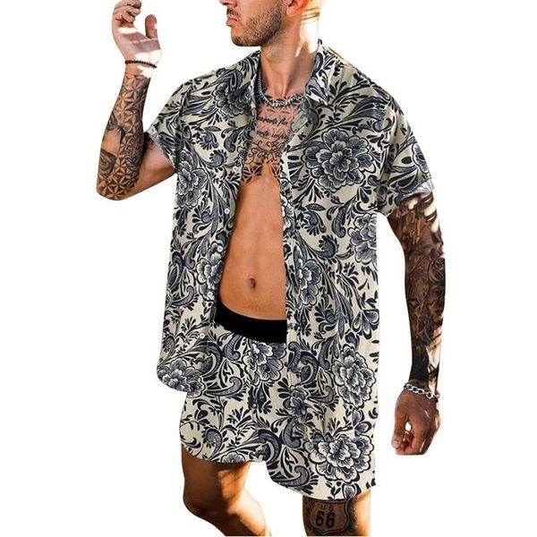 

fashion men sets national style hawaiian printing mens short sleeve set summer casual floral shirt beach two piece suit men's shirts, White;black