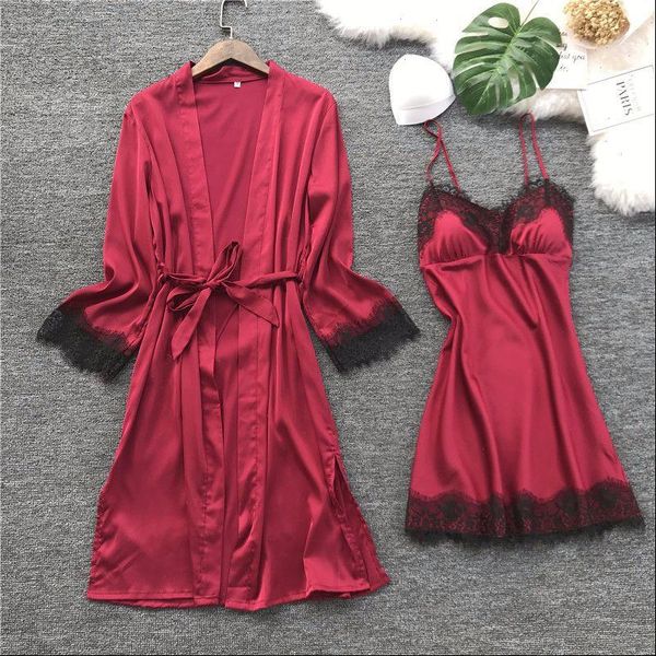 

silk robe gown set women sleepwear summer lace dress elegant pajamas casual bathrobe, Black;red