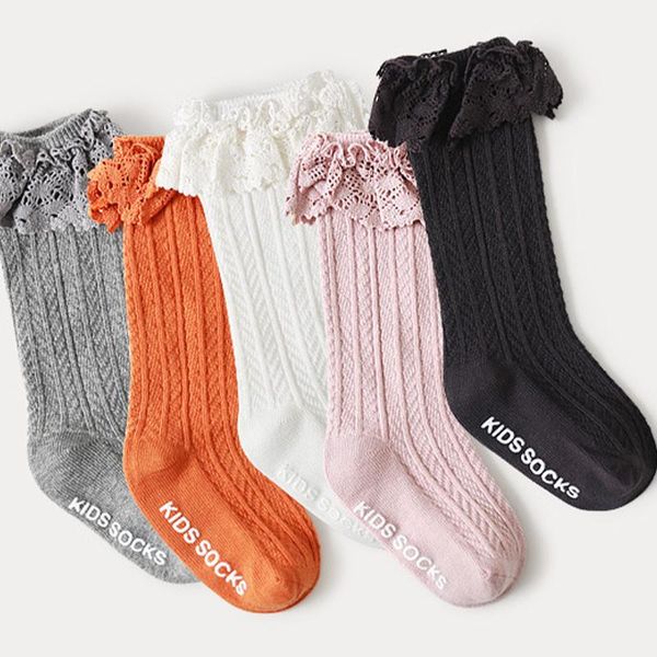 

socks princess solid color lace baby sock soft cotton born girl floor ruffle autumn sweet anti slip long kid toddler, Pink;yellow