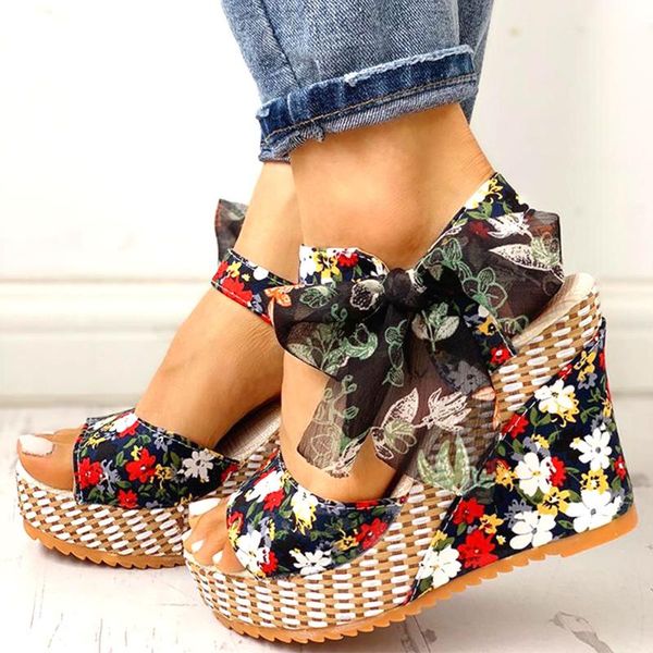 

sandals 2021 leisure floral printed bohemia style comfortable wedges heels platform summer shoes women vacation cosy walking, Black