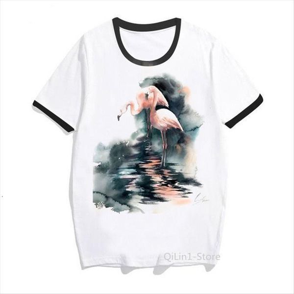 

pink flamingo vintage watercolor womens t shirts animal print tee femme summer female clothes hipster tshirts, White