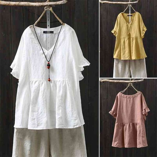 

summer women butterfly sleeve loose v-neck tee shirt femme all-matched casual cotton t-shirt plus size s982 210512, White
