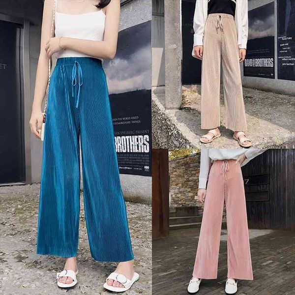 

loose moped womens pants letter high waist straight ice silk chiffon tb waist pleated wide-legged pants women, Black;white