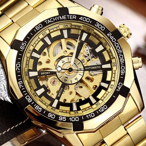 

skeleton automatic mechanical watch winner gold men watches stainless steel bracelet sports luxury male clock chinese wristwatchg, Slivery;brown