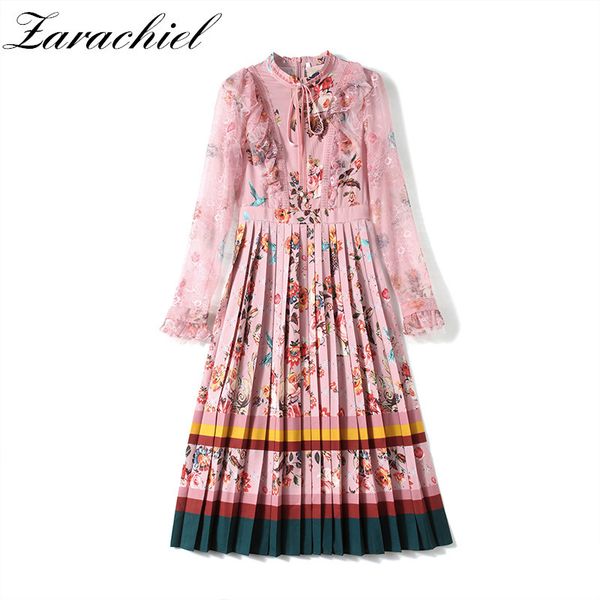 

dresses autumn fashion ruffled flower mesh patchwork long sleeve runway women bow collar floral print vintage female pleated, Black;gray