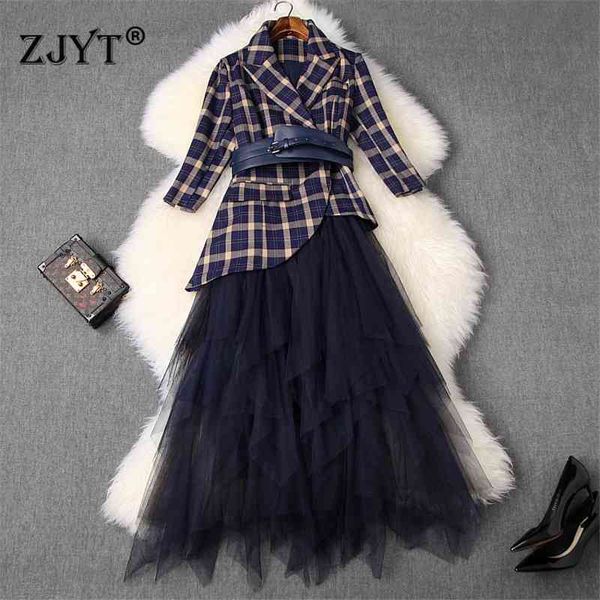 

new spring designers office lady two piece outfits women fashion retro plaid print blazer and midi tulle skirt suit sets 210407, White