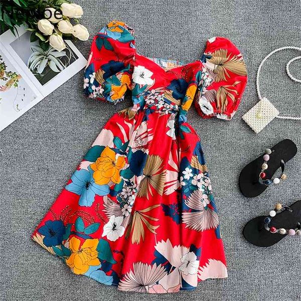 

floral print women dress chic v-neck puff sleeve vestidos summer fashion high waist a-line female dresses 45332 210422, Black;gray