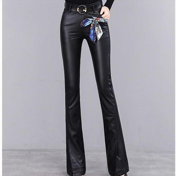 

pu split autumn and womens capri winter flare trousers high waist, Black;white