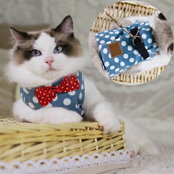 

cat collars & leads pet dog harness leash collar set adjustable cute bowknot dot for small medium outdoor1