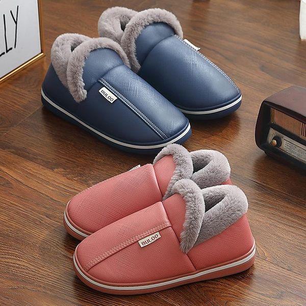 

leather cotton slippers women's autumn and winter waterproof interior home couple warm non-slip thick bottom plush cotto, Black