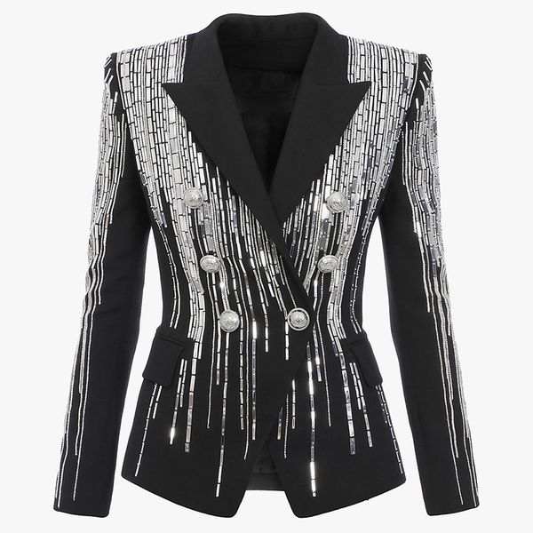 Womens HIGH STREET est Modedesigner-Jacke Zweireihiger luxuriöser Damen-Blazer mit atemberaubenden silbernen Metallknöpfen und Perlen