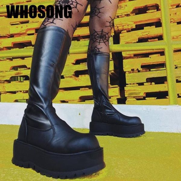 

boots women girls motorcycle botas thick bottom flats woman knee high ladies round toe shoes female soft brand1, Black