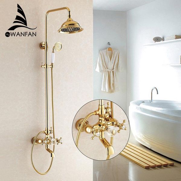

shower faucets luxury gold bathroom rainfall faucet set mixer tap with hand sprayer wall mounted bath head hj-859k sets