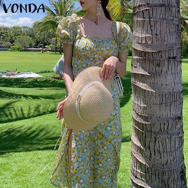 

party dresses 2021 vonda women floral print dress summer vintage square collar side split long vestidos beach sundress, White;black